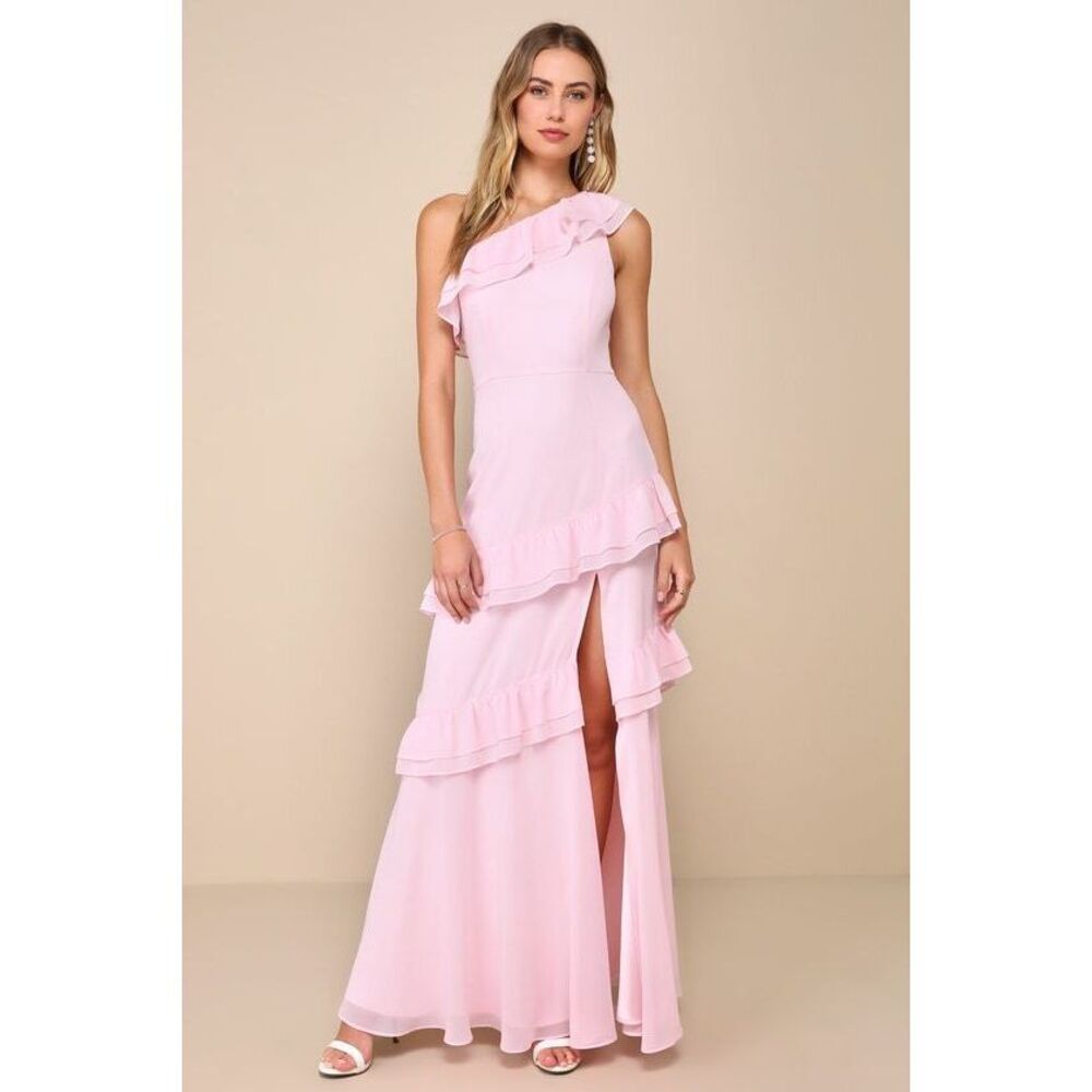 Lulus Brilliant Grace Light Pink Ruffled One-shoulder Maxi Dress - Size M